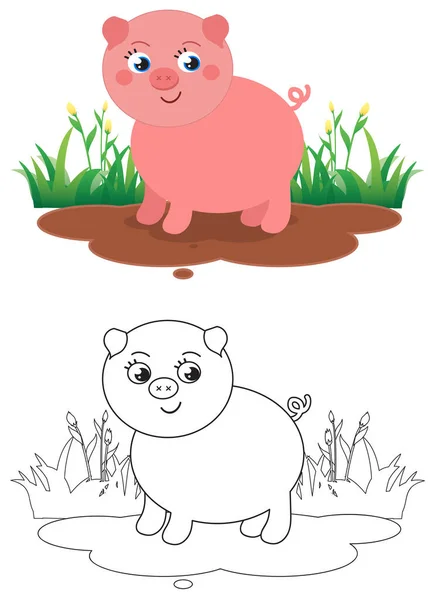 Cute Coloring Piglet Mud Isolated Cartoon Vector Illustration Children — Stock Vector