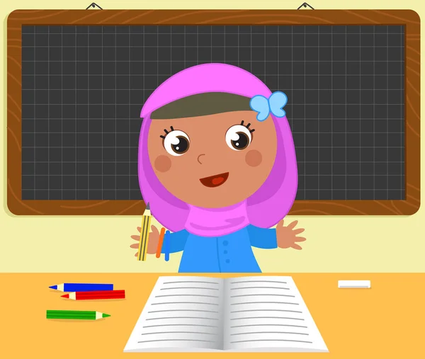 Happy Muslim School Girl Her Classroom Cartoon Vector Illustration — Stock Vector