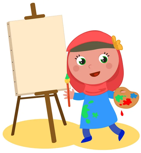 幸せなイスラム教徒のアーティストの女の子を身に着けているHijabでペインターキャンバス 漫画孤立ベクトルイラスト — ストックベクタ