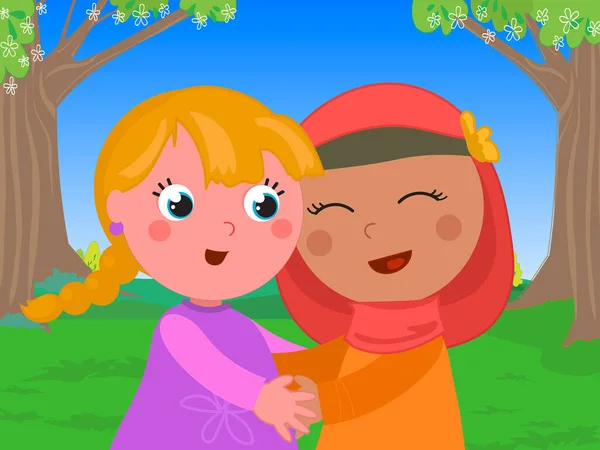 Moslim Meisje Kaukasisch Kind Knuffelen Elkaar Met Vriendschap Cartoon Vector — Stockvector