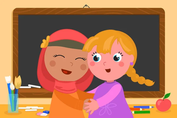 Muslim Girl Caucasian Child Hugging Each Other School Friendship Cartoon — Stock Vector