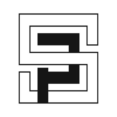 Kare biçiminde SP harflerinin yer aldığı bir logo oluştur, hem katı hem de ana hatları çizilmiş elementler kullanarak, siyah ve beyaz bir renk şeması ile sunulsun.