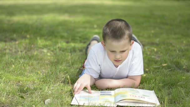 Rapaz a ler um livro ao ar livre num parque na relva. Emoções positivas — Vídeo de Stock