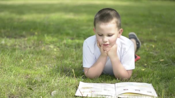 Chico leyendo un libro al aire libre en un parque en la hierba. Emociones positivas — Vídeo de stock