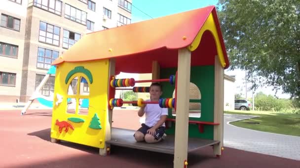 Glücklicher kleiner Junge auf einem Spielplatz — Stockvideo