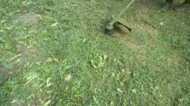 işçi el ile yeşil çim biçme bahar gününde mows.