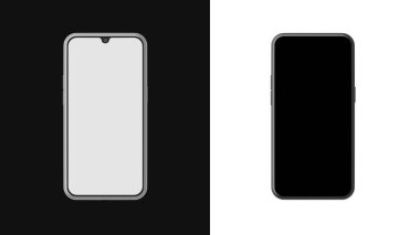 Arka plan için siyah beyaz modern akıllı telefon çerçeveleri. Cep telefonları taşınıyor. Reklam için popüler mobil cihazlar. 3 Boyutlu Hazırlama