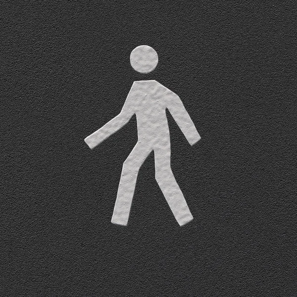 A symbol of a pedestrian on the sidewalk, the asphalt, the black road. White pedestrian road sign on a black background. 3D-rendering — Stock Photo, Image