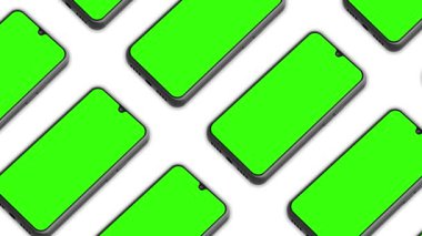 Yeşil ekranlı akıllı telefonlar, modern mobil cihazlar, teknoloji ve iletişim konsepti, hareket eden beyaz arkaplanlı 4K video. 3 Boyutlu Hazırlama