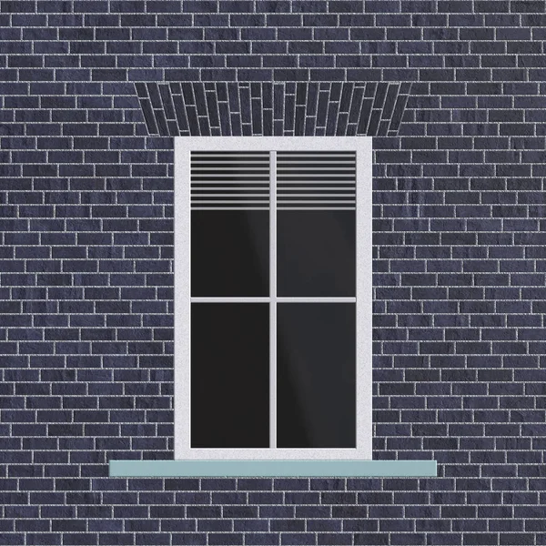 Engelse bakstenen rechte gevel. Achterwand van blauwe bakstenen en een raam in Engelse stijl. Rechte lijnen en rechte hoeken. 3D-weergave — Stockfoto