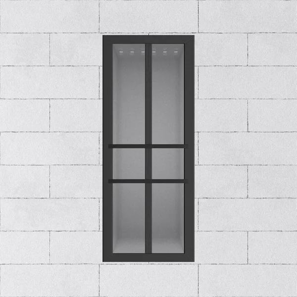 Bloc de béton de la façade. En arrière-plan se trouve un mur de briques blanches et une grande fenêtre. Lignes droites et angles droits. rendu 3D — Photo