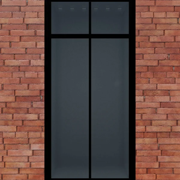 Façade moderne en brique. En arrière-plan se trouve un mur de briques rouges et une grande fenêtre sombre dans un cadre noir. Lignes droites et angles droits. rendu 3D — Photo