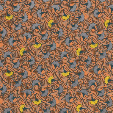 Soyut desenli renkli kumaş. Parlak turuncu arka plan ve sarı-gri desen. 3 Boyutlu Hazırlama