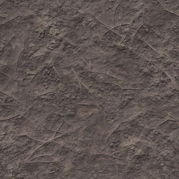 Achtergrond van donkere grond met gevallen grijs-groene bladeren vermengd met modder. Bovenaanzicht van de grond en verduisterde takken en bladeren. 3D-weergave — Stockfoto
