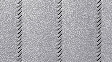 Bovine coarse-grained leather background with decorative stitch on top of the stitch. The texture of gray leather is tightly stitched with dark threads vertical stripes. 3D-rendering clipart