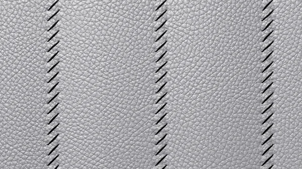 Bovine coarse-grained leather background with decorative stitch on top of the stitch. The texture of gray leather is tightly stitched with dark threads vertical stripes. 3D-rendering — Stock Photo, Image