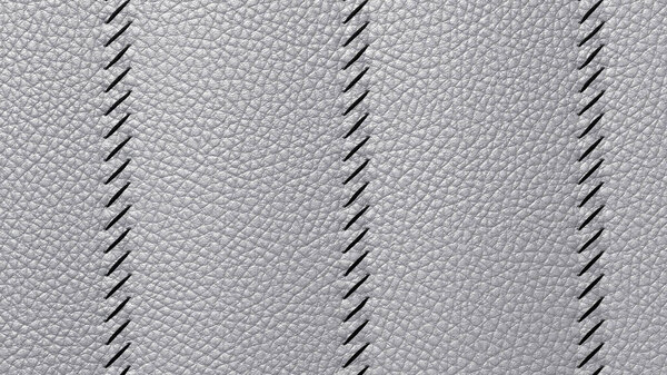 Bovine coarse-grained leather background with decorative stitch on top of the stitch. The texture of gray leather is tightly stitched with dark threads vertical stripes. 3D-rendering
