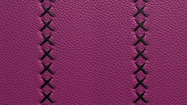 Bovine coarse-grained leather background with decorative stitch on top of the stitch. Bright purple leather texture, closely sewn with black threads in a vertical cross stripe. 3D-rendering — Stok fotoğraf
