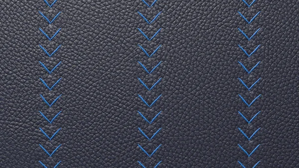 Rundergrove lederen ondergrond met decoratieve stiksels op de bovenkant van de steek. Donkerblauwe lederen textuur, dicht genaaid met blauwe draden in verticale strepen. 3D-weergave — Stockfoto