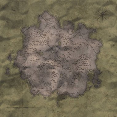 Üzerinde dağların, ormanların ve nehirlerin çizildiği bilinmeyen bir yerin yeşil korsan haritası.