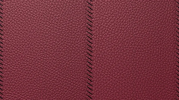 Bovine coarse-grained leather background with decorative stitch on top of the stitch. Dark red leather texture, closely sewn with dark threads in vertical stripes. 3D-rendering — Stock Photo, Image