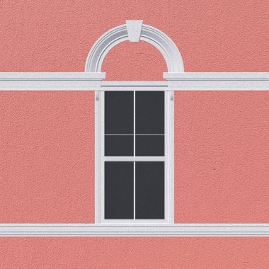 Kemerli pencere cephesi İngiliz tarzında boyanmış. Pembe boyalı duvarlardan oluşan arka plan duvarı ve İngiliz tarzında bir pencere.