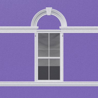 Kemerli pencere cephesi İngiliz tarzında boyanmış. Arka planda mavi boyalı duvarlar ve İngiliz tarzında bir pencere var.