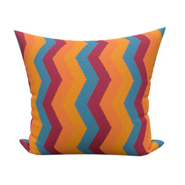 Mavi, turuncu ve kırmızı renklerde parlak yün ya da pamuk yastık, beyaz üzerine işaretlenmiş soyut desenli. 3 Boyutlu Hazırlama