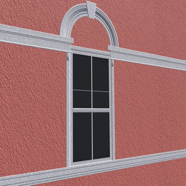Die gewölbte Fensterfassade ist im englischen Stil gestrichen. Hintergrundwand aus rosa gestrichenen Wänden und einem Fenster im englischen Stil.. 3D-Rendering — Stockfoto