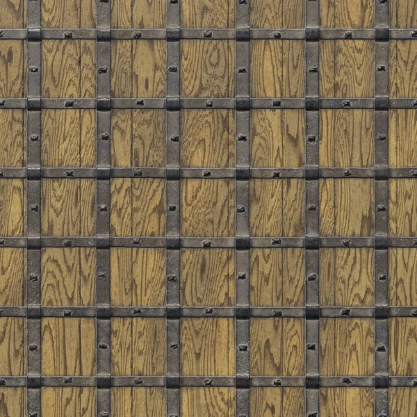 Doors reinforced with iron, close-up, Background of old wood riveted with heavy metal. 3D-rendering — Stock Photo, Image