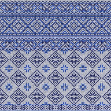 Nakış işlemek için iyi bir çapraz dikiş deseni işledim. Ukrayna etnik süsü. Mavili el yapımı nakış. 3 Boyutlu Hazırlama