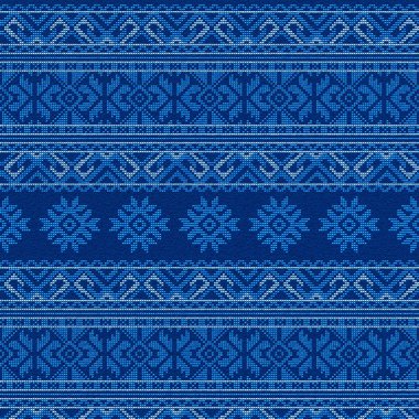 Nakış işlemek için iyi bir çapraz dikiş deseni işledim. Ukrayna etnik süsü. Mavili el yapımı nakış. 3 Boyutlu Hazırlama