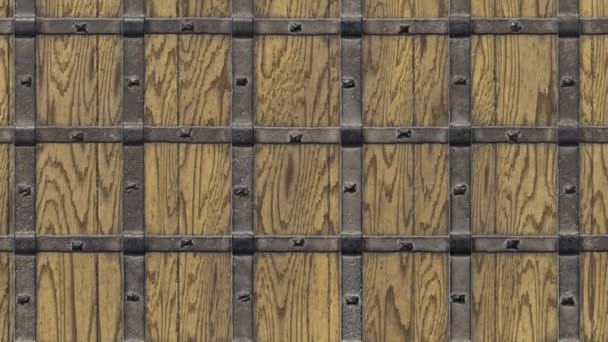 Двери укреплены железом, крупным планом, задний план из старого дерева, заклепанного тяжелым металлом. 3D-рендеринг — стоковое видео
