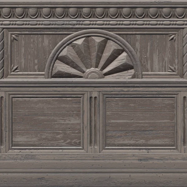 Panel de madera con patrón tallado, fondo texturizado gris. Representación en 3D — Foto de Stock