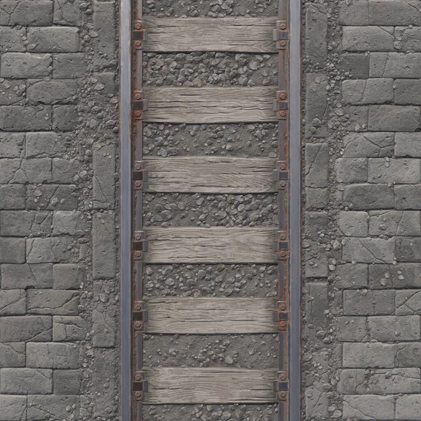Gleise dicht machen. Alte Schienen mit Rostspuren und Holzschwellen. Oldtimer-Eisenbahnstrecke, sichtbar aus der Sicht des Lokführers. 3D-rendering — Stockfoto