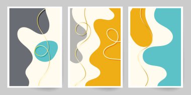 Modern sanat. Soyut gizleme şablonu. Geometrik şekil ve çizgiler kümesi. Sahte suluboya resim. Minimalist el boyaması şekiller, altın çizgiler.