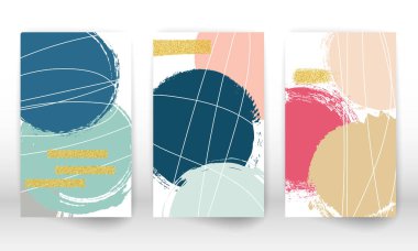 Suluboya efekt tasarımı. Bir dizi soyut el çizimi geometrik şekiller. Karalama çizgileri, altın parçacıklar. Vektör illüstrasyonu.