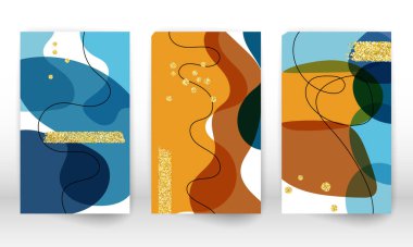 Soyut gizleme şablonu. Suluboya desenli broşür tasarımı. Minimalist el boyaması şekiller ve altın parçacıkları.