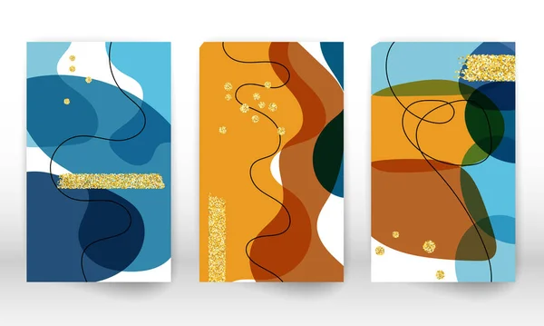Plantilla de portada abstracta. Diseño de folleto de textura de pintura de acuarela. Formas pintadas a mano minimalistas y partículas de oro. — Vector de stock