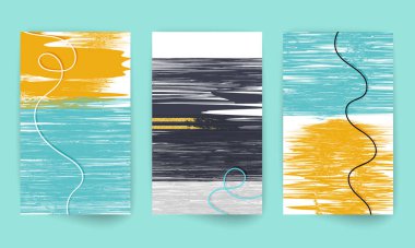 Suluboya efekt tasarımı. İskandinav ev dekoru. Bir dizi soyut el çizimi şekilleri. Çizgiler, altın parçacıklar.