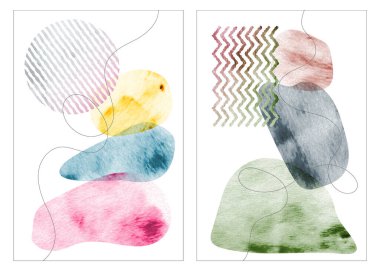 Suluboya soyut şekiller. Minimalist sanatsal el yapımı kompozisyonlar. Vektör.