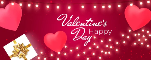 Bannière Saint-Valentin avec guirlande de lumières brillantes, ampoules, boîte cadeau sur fond rose. Carte Saint-Valentin. — Image vectorielle