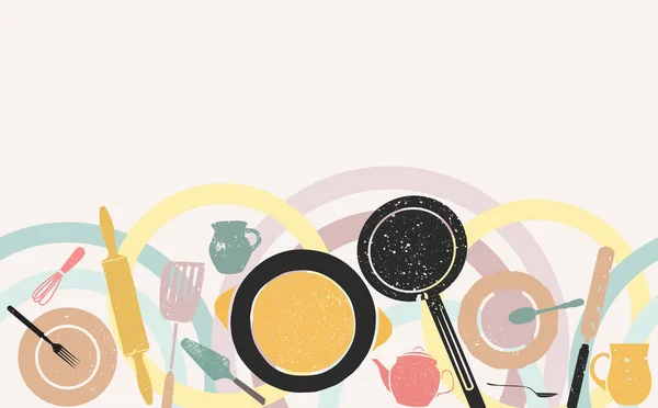 Kusursuz yatay şablon. Utensils 'in geçmişi. Vektör çizimi. Sosyal medya, restoran kimliği, kafe dekorasyonu, fırın reklamı için tasarım unsuru olarak kullanılabilir.