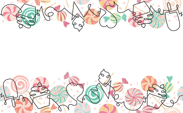 Farklı tatlılar renkli desenler ve metin için boş alan. Vektör dekoratif arka plan. Sosyal ortam, şekerleme dükkanı kimliği, iç dekorasyon için tasarım ögesi olarak kullanılabilir.