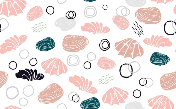 Deniz kabuklarıyla kusursuz soyut desen. Denizcilik dokusu. İskandinav tarzı baskı. Vektör illüstrasyonu. 