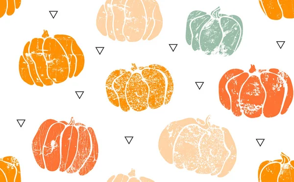Güz Soyut Şablonu elle çizilmiş Grunge Pumpkins ve Siyah Üçgenler bir Beyaz Arkaplanda. Vektör çizimi. Tasarım çalışmalarınızın herhangi biri için baskı, doku veya kapak ögesi olarak kullanılabilir.
