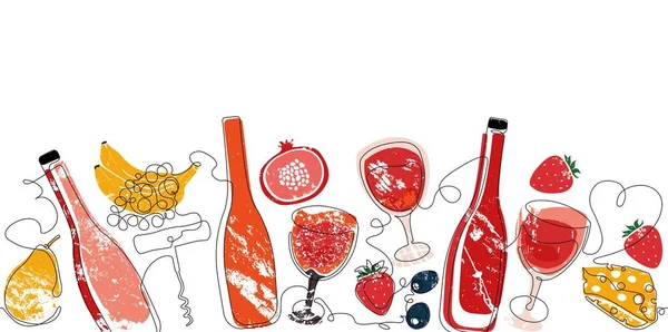Şarap eşliğinde yatay desen. Devamlı çizim çizgileri, şişeler, bardaklar, zeytinler, meyveler ve peynirler. Sosyal medya, afiş, broşür, iç dekorasyon, dükkan kimliği için kullanılabilir. Vektör Arkaplanı. 
