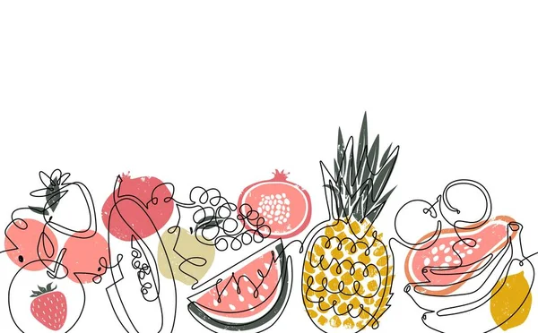 Metinler için meyveli ve emty uzayı olan kusursuz yatay desen. Tek sıra sanat tarzı. Organik yiyeceklerle dolu bir arka plan. Vektör çizimi. Sosyal medya, afiş, el ilanı, iç dekorasyon, dükkan kimliği için kullanılabilir.