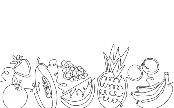 Metinler için meyveli ve emty uzayı olan kusursuz yatay desen. Tek sıra sanat tarzı. Organik yiyeceklerle dolu bir arka plan. Vektör çizimi. Sosyal medya, afiş, el ilanı, iç dekorasyon, dükkan kimliği için kullanılabilir.