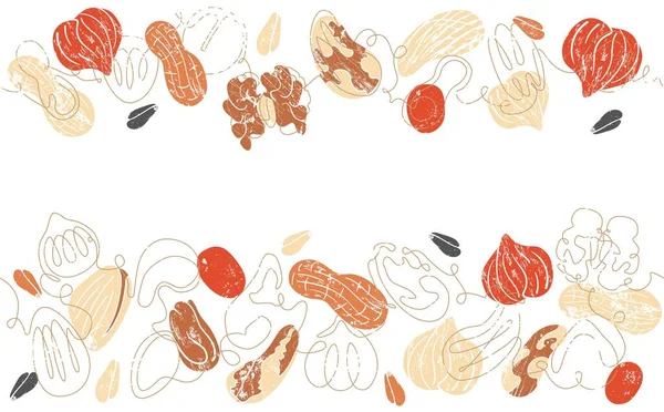 Vektör Bir, aralarında çeşitli fındıklar, tohumlar ve boşluk olan hatsız desenler çiziyor. Sosyal medyada, iç dekorasyonda, mağaza reklamlarında tasarım unsuru olarak kullanılabilir.